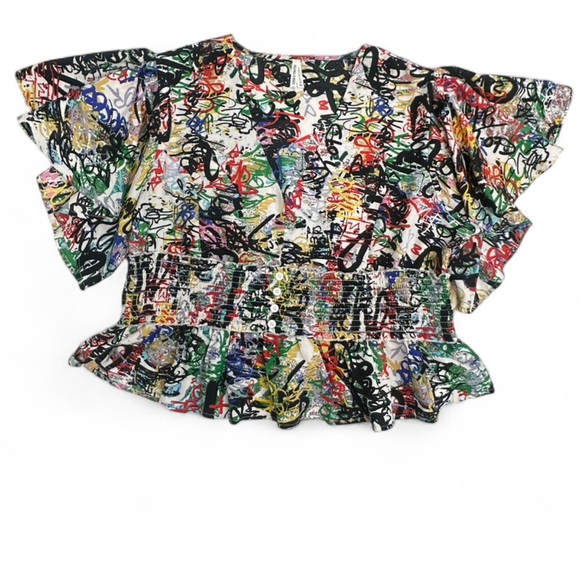 Live 4 Truth Peplum Flutter sleeve Graffiti print Blouse with deep v-neck - Picture 1 of 6